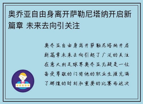 奥乔亚自由身离开萨勒尼塔纳开启新篇章 未来去向引关注