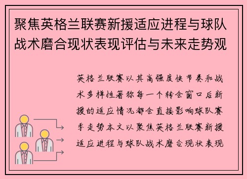 聚焦英格兰联赛新援适应进程与球队战术磨合现状表现评估与未来走势观察