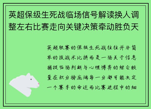 英超保级生死战临场信号解读换人调整左右比赛走向关键决策牵动胜负天平 英超保级生死战临场信号解读换人调整左右比赛走向关键决策牵动胜负天平